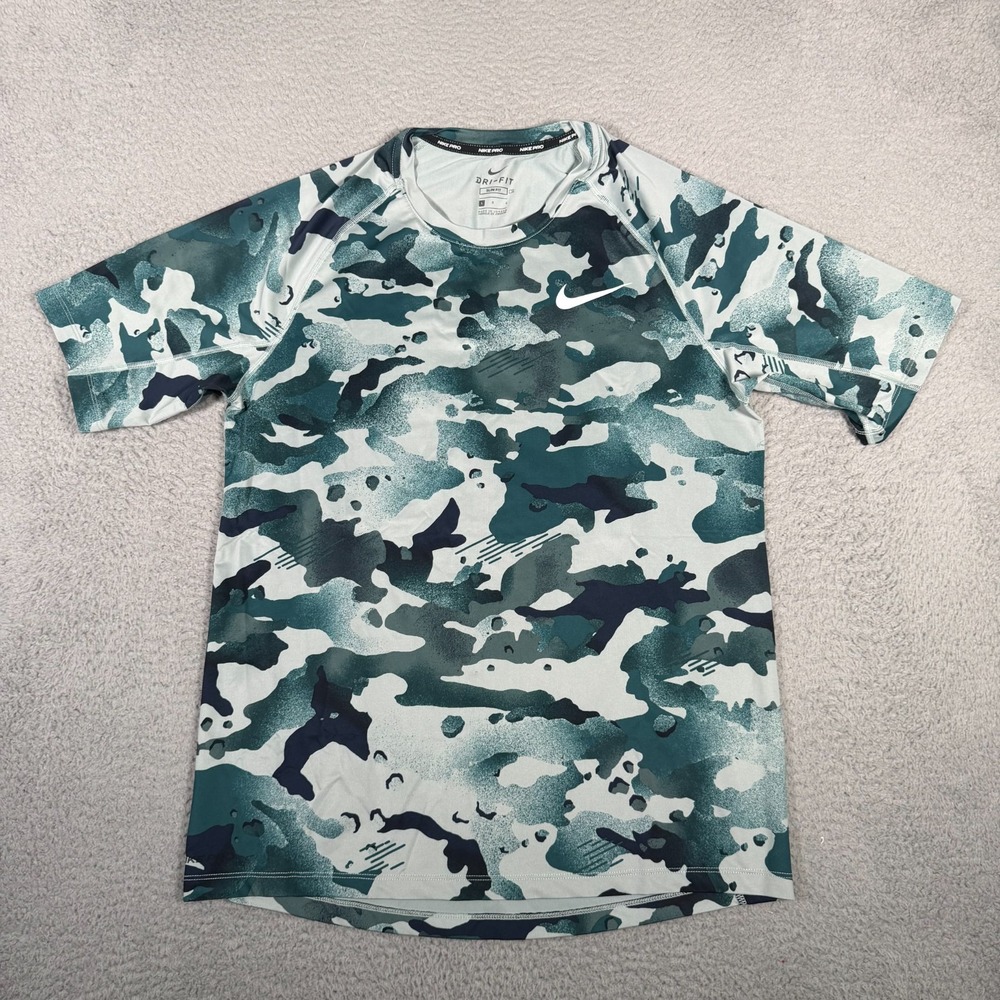 Nike Pro Shirt Mens Large Green Camo Slim Fit Performance Training Gym Stretch